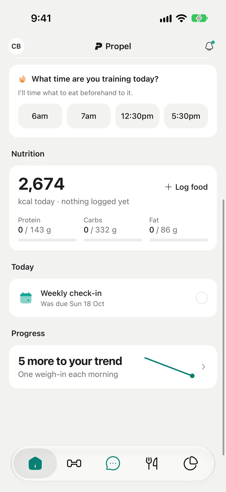 Home: nutrition, check-in and progress at a glance