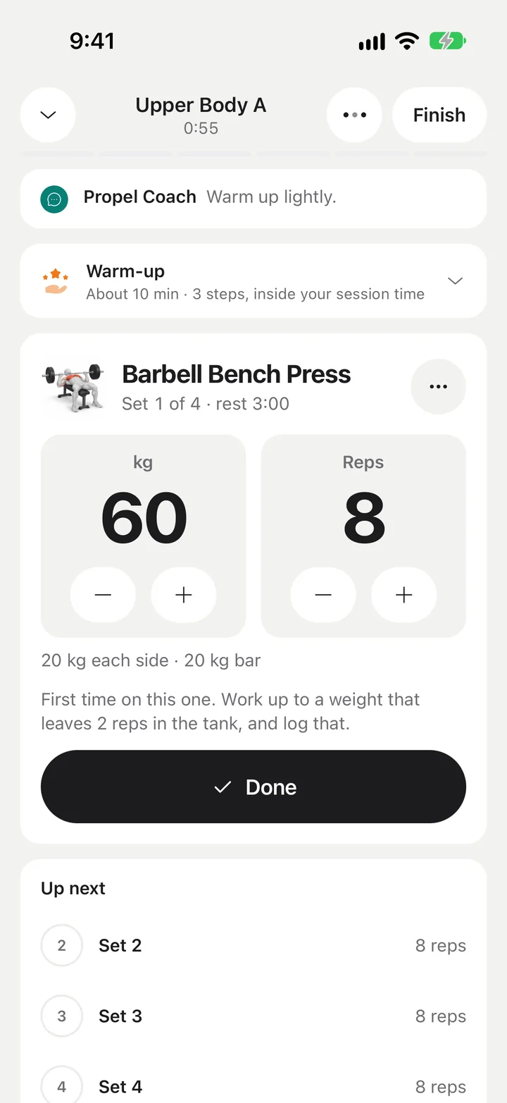 Propel workout logger: Barbell Bench Press, 60 kg for 8 reps, 20 kg each side