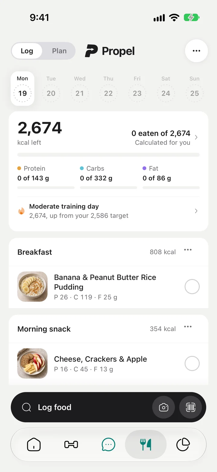 Propel Nutrition log: 2,674 kcal left, protein, carbs and fat, and breakfast and snack from the plan