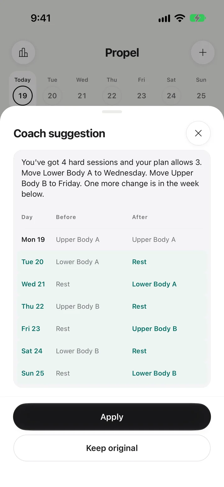 Propel coach suggestion showing the week before and after moving two sessions