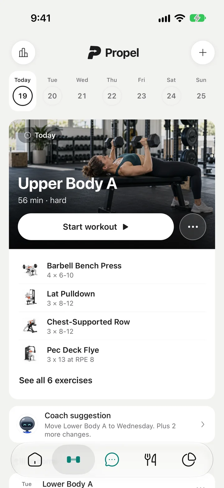 Propel Training tab: the week strip, today's Upper Body A session and its first four exercises
